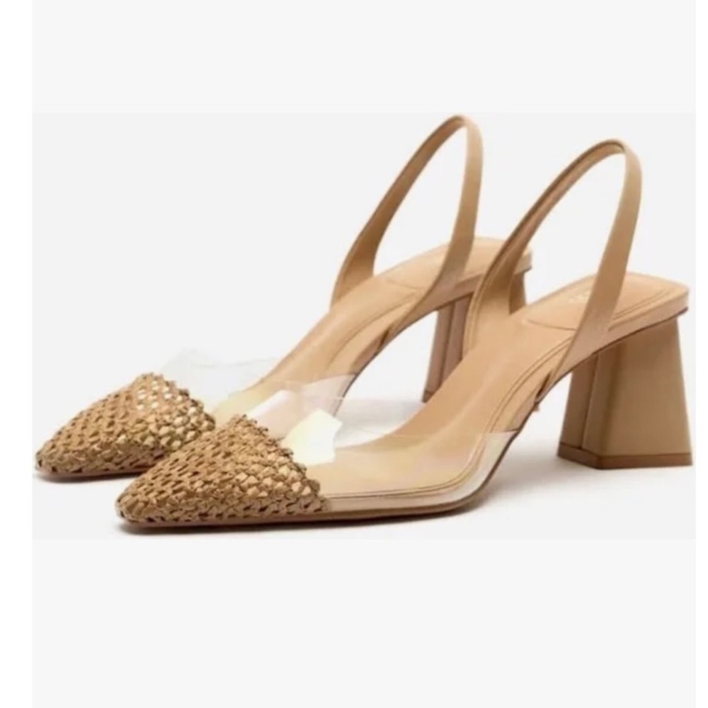 Zara  Block Heel Vinyl Toe Slingbacks Raffia Size 38 Worn once
